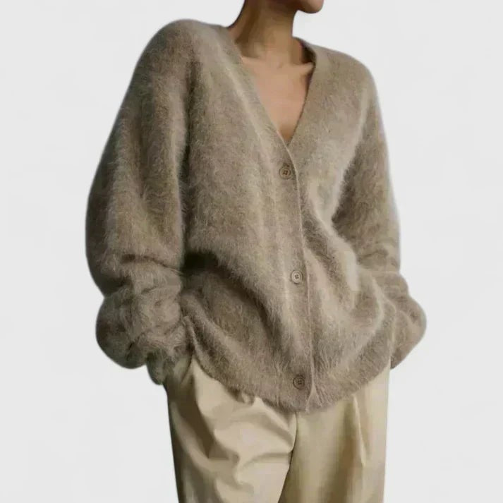 Beige fuzzy v-neck cardigan