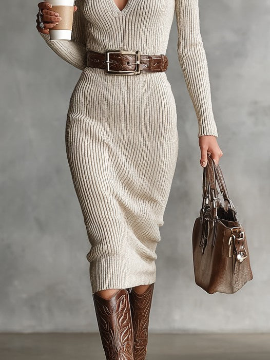Half-zip ribbed wool midi dress