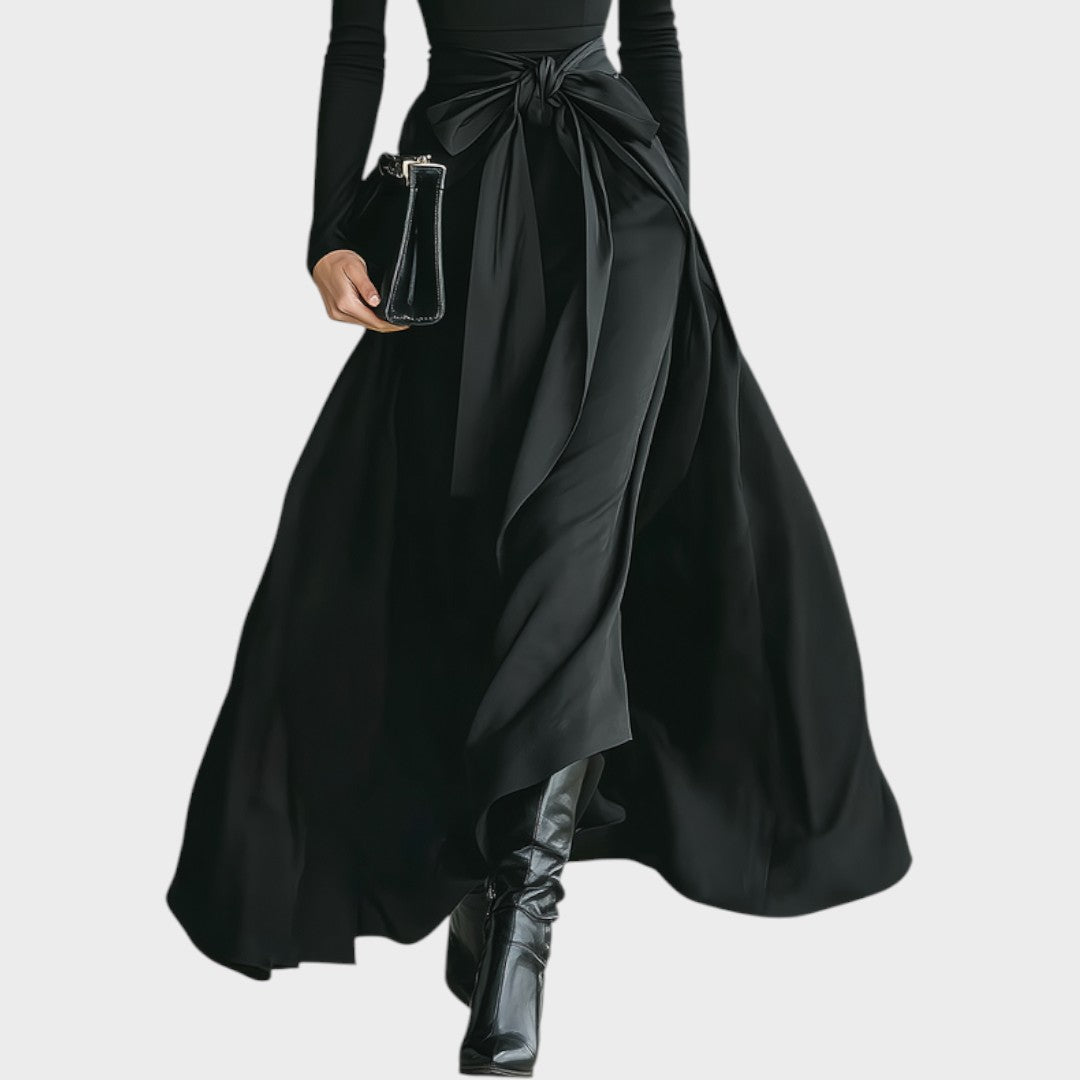 High-neck knit and satin maxi dress