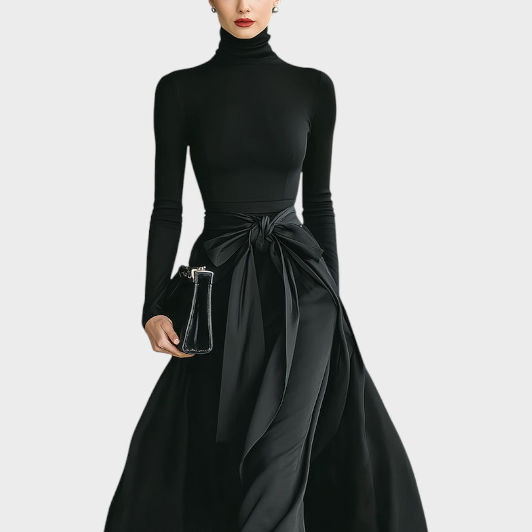 High-neck knit and satin maxi dress