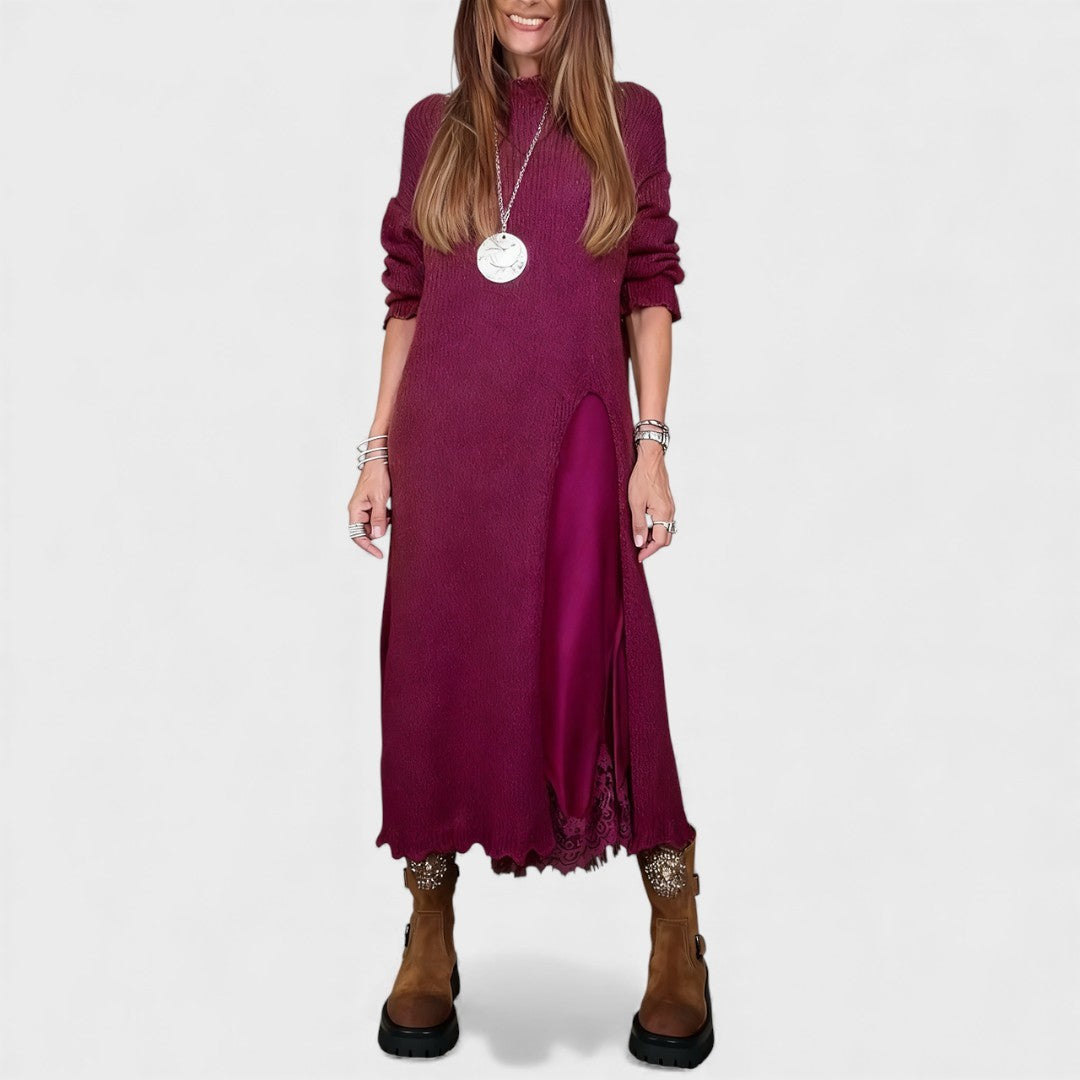 Red high-neck split-front knit maxi dress