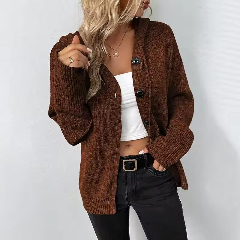 Brown hooded button-down cardigan