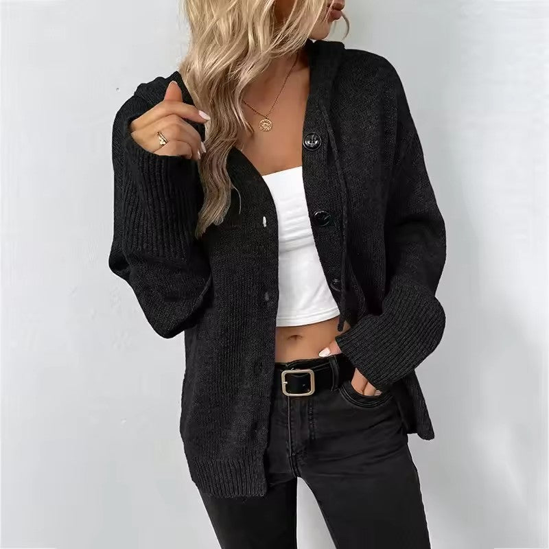 Black hooded button-down cardigan