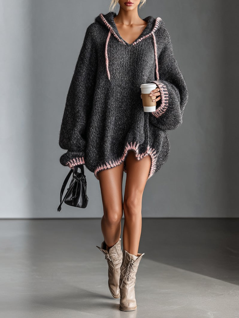 Hooded chunky knit mini dress