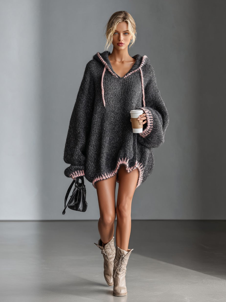 Dark Gray hooded chunky knit mini dress