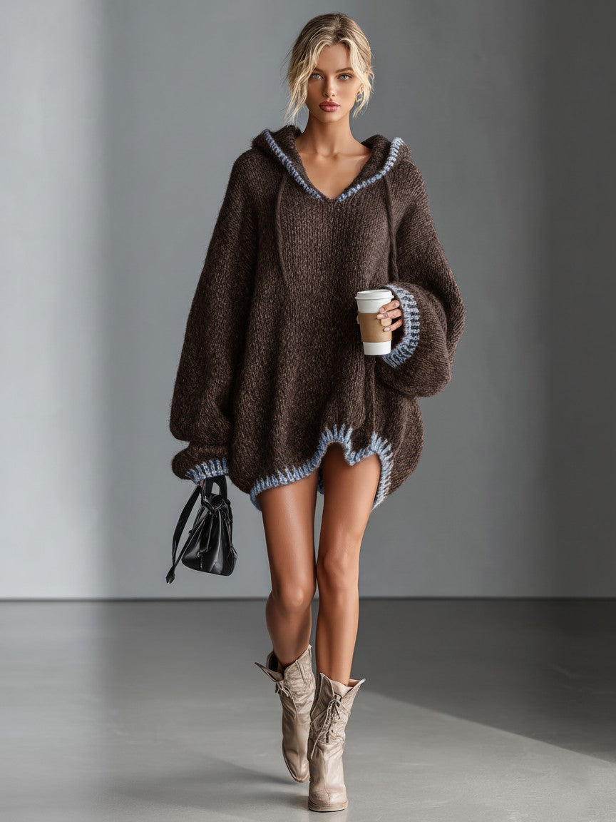 Dark Brown hooded chunky knit mini dress
