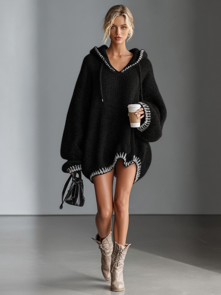 Black hooded chunky knit mini dress