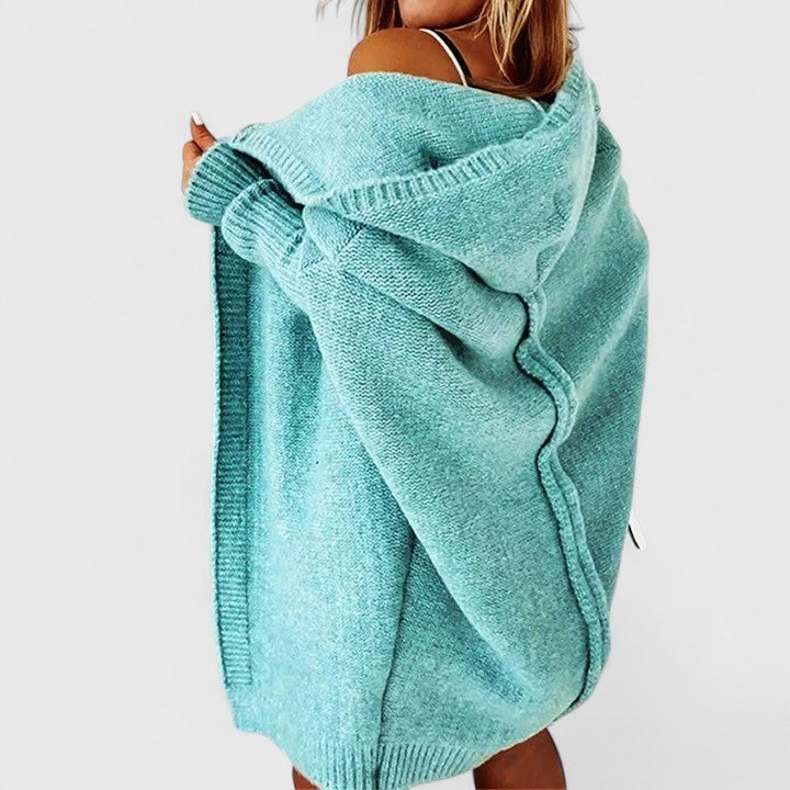 Blue hooded open-front cardigan