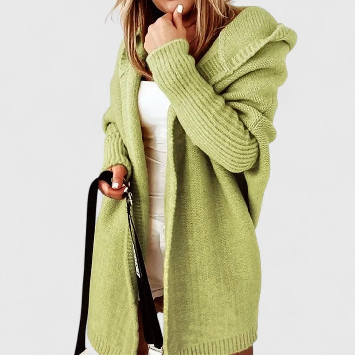 Green hooded open-front cardigan