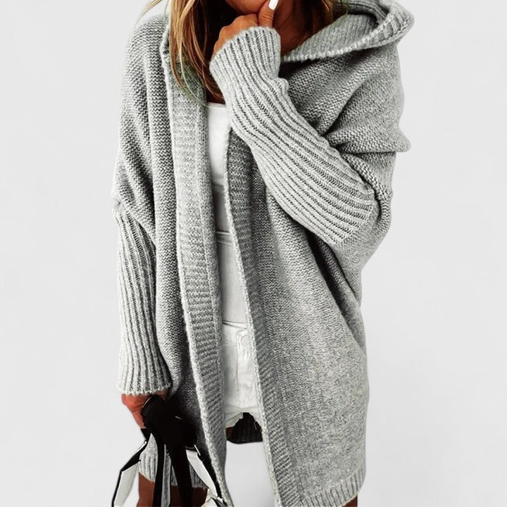 Gray hooded open-front cardigan