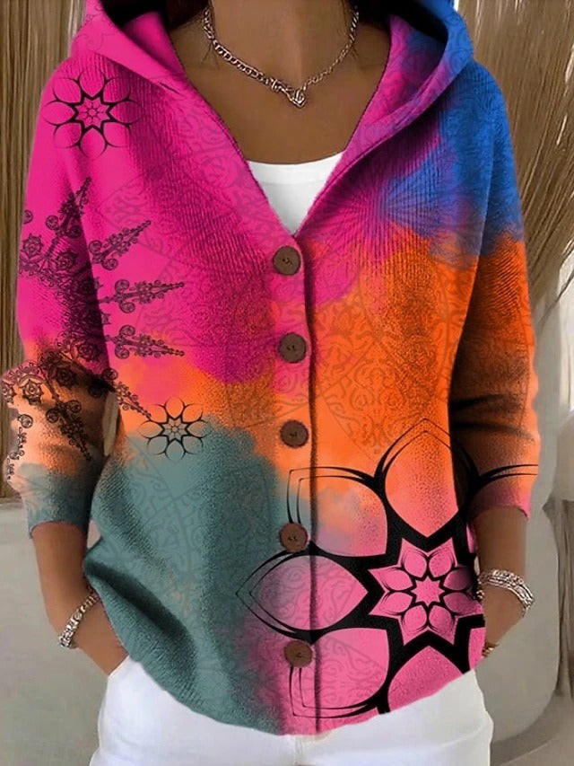 Fuchsia hooded printed button cardigan