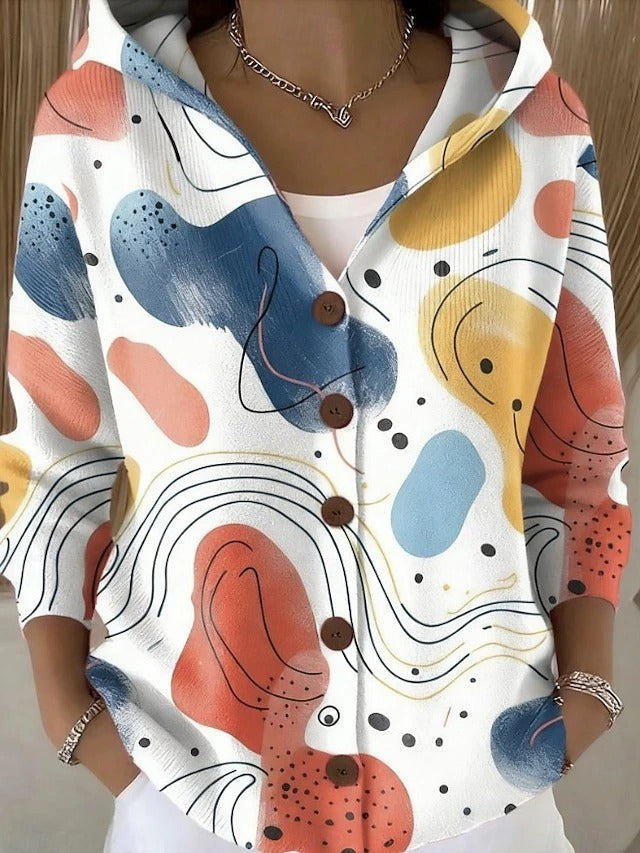 Beige hooded printed button cardigan