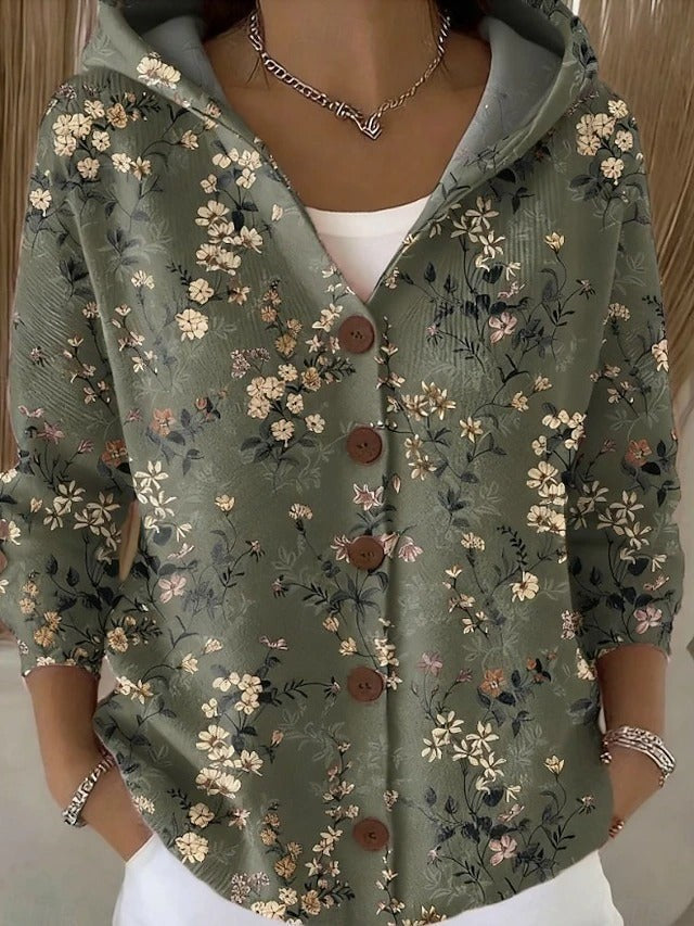 Dark Green hooded printed button cardigan
