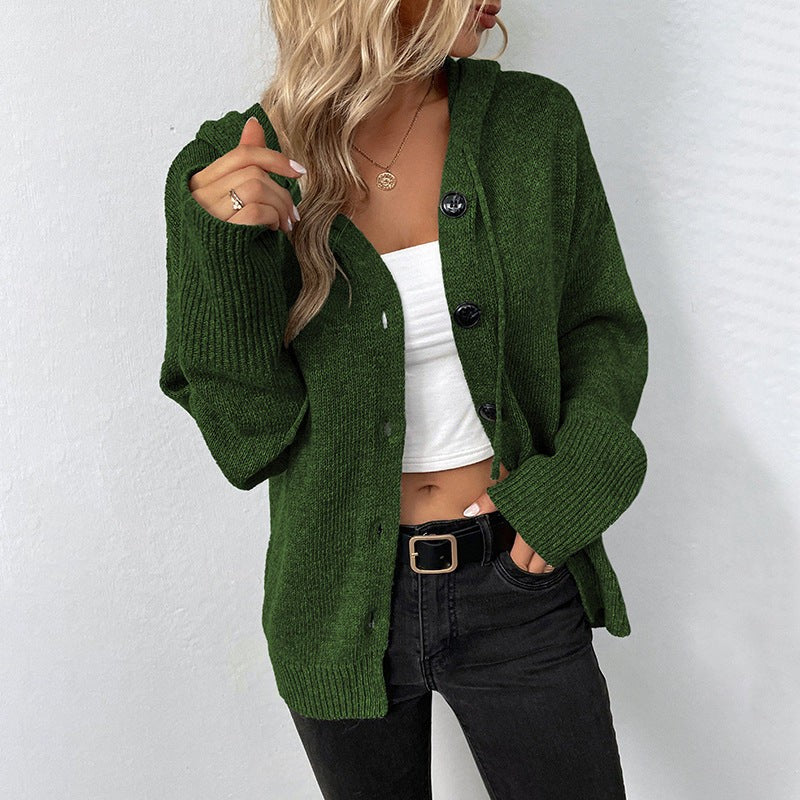 Olive Green hooded ribbed button cardigan