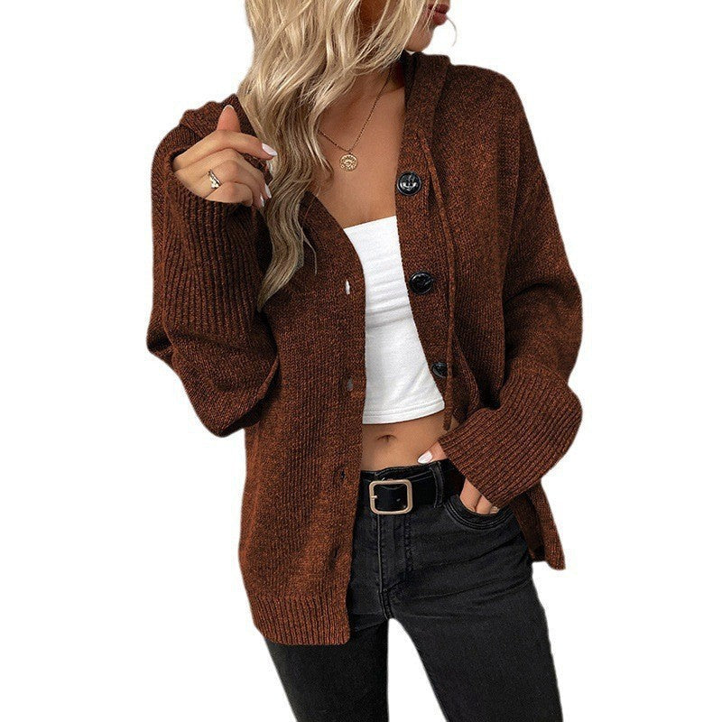 Brown hooded ribbed button cardigan