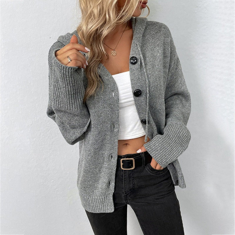 Gray hooded ribbed button cardigan