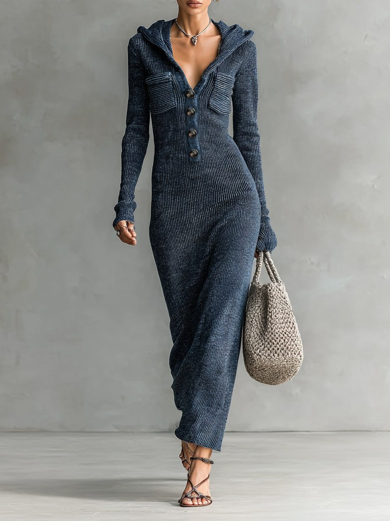 Navy hooded ribbed knit maxi dress