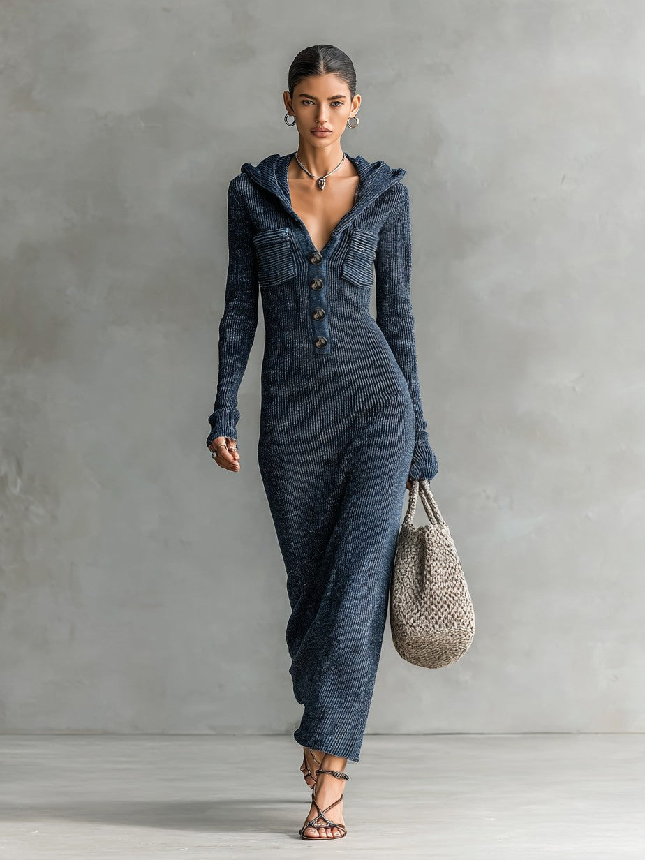 Hooded ribbed knit maxi dress