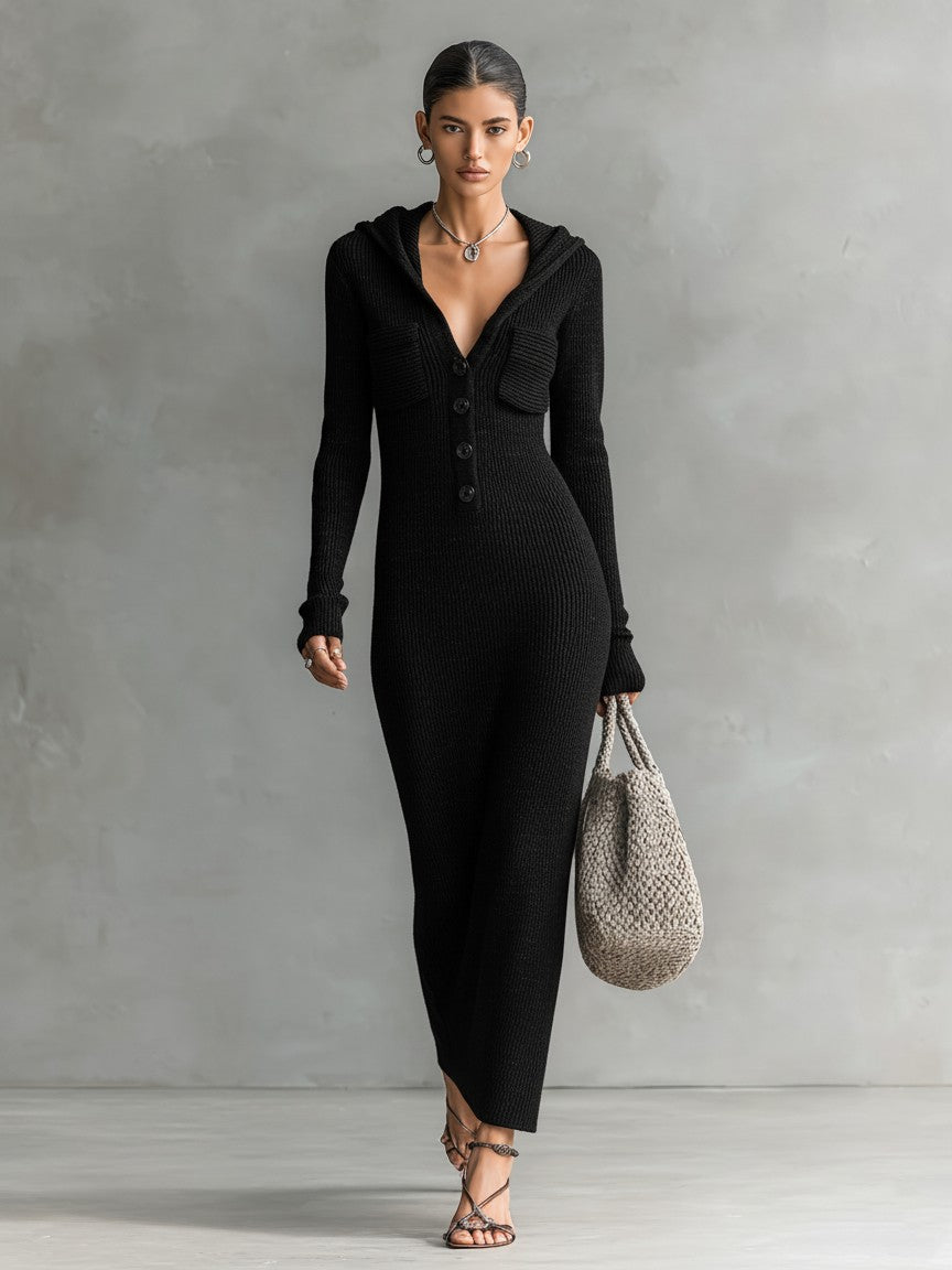 Black hooded ribbed knit maxi dress
