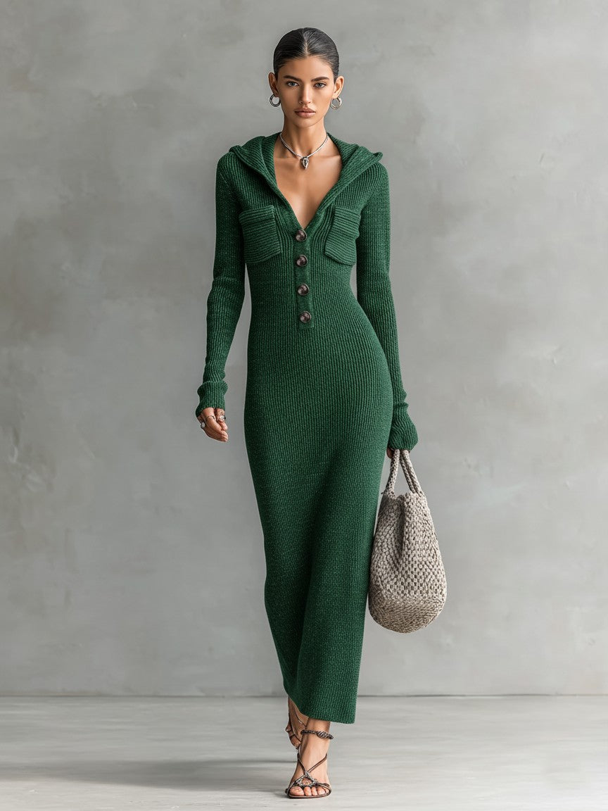 Green hooded ribbed knit maxi dress