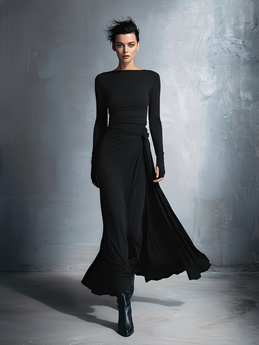 Black knotted wrap knit maxi dress