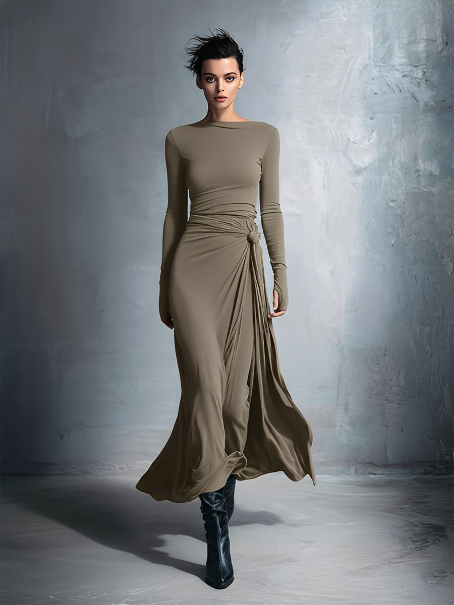 Khaki knotted wrap knit maxi dress