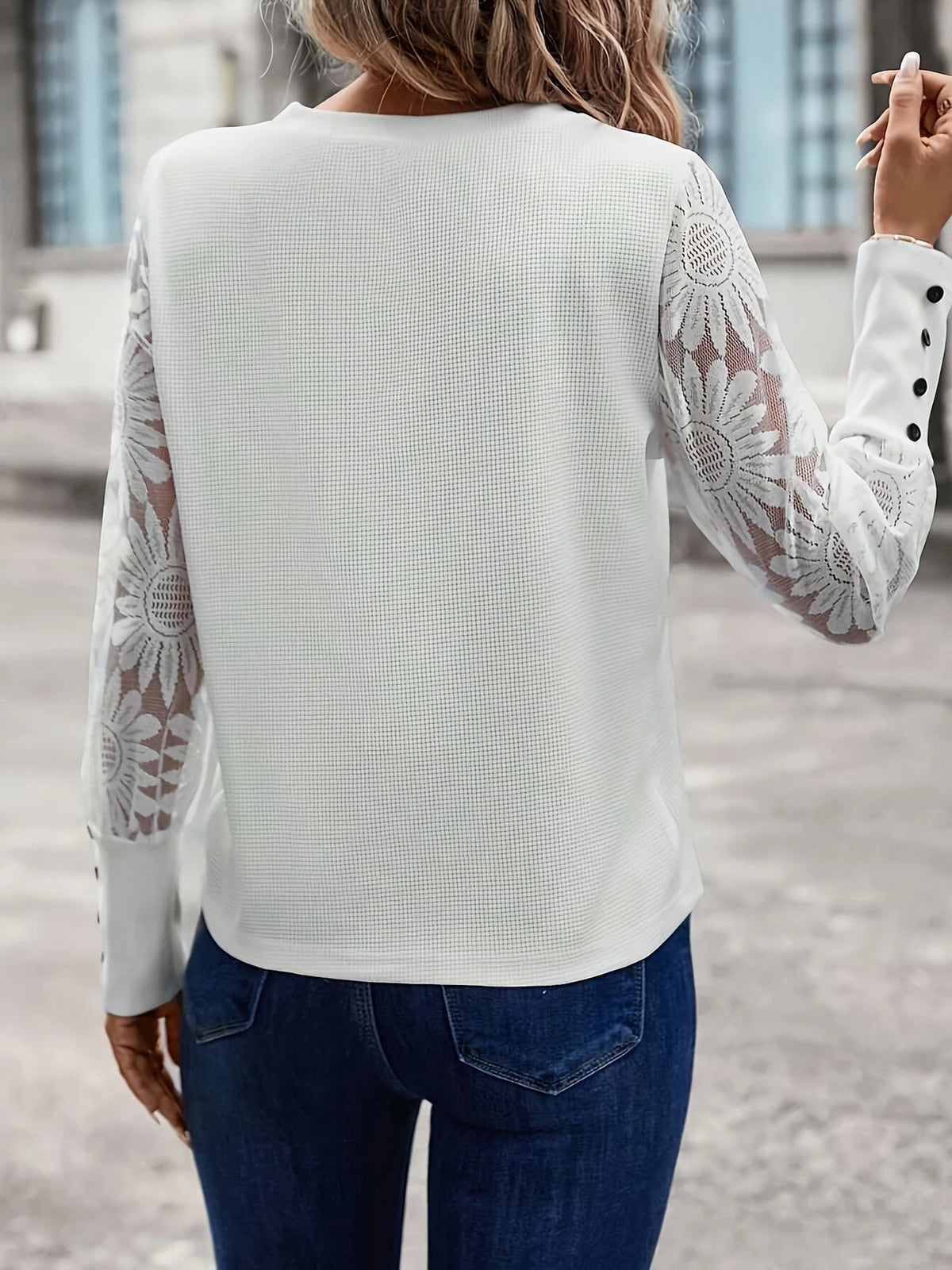 Lace sleeve waffle knit top