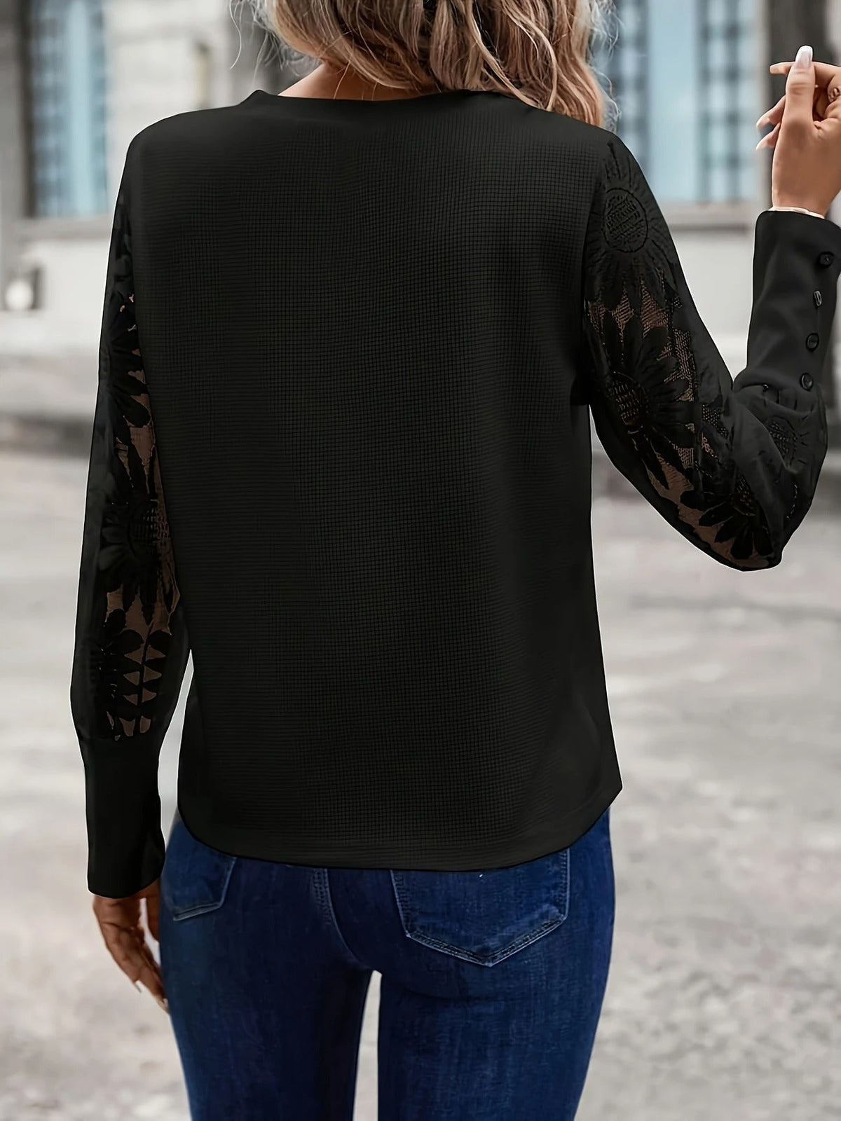 Lace sleeve waffle knit top