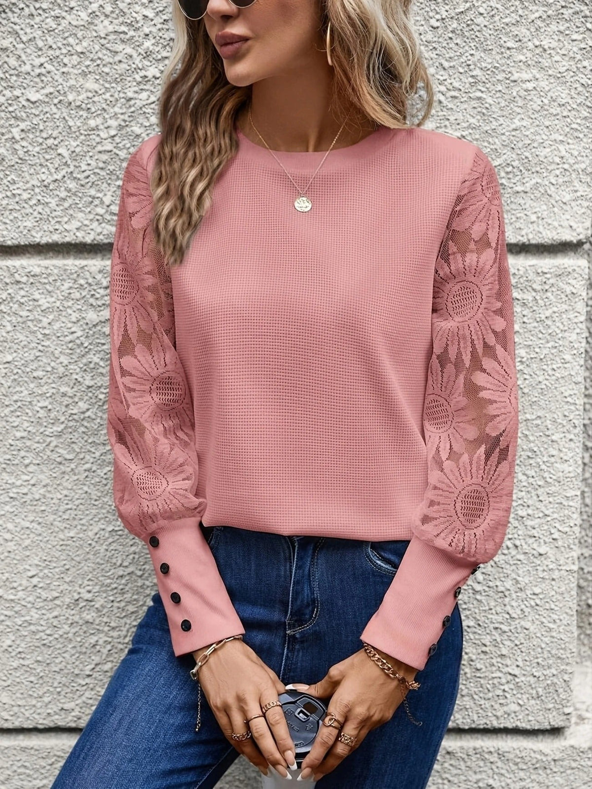 Pink lace sleeve waffle knit top
