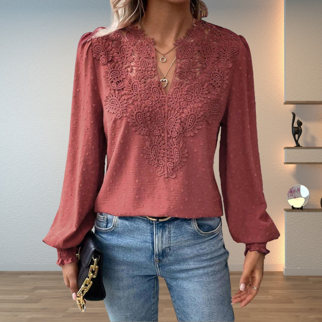 Red lace-trim swiss-dot blouse