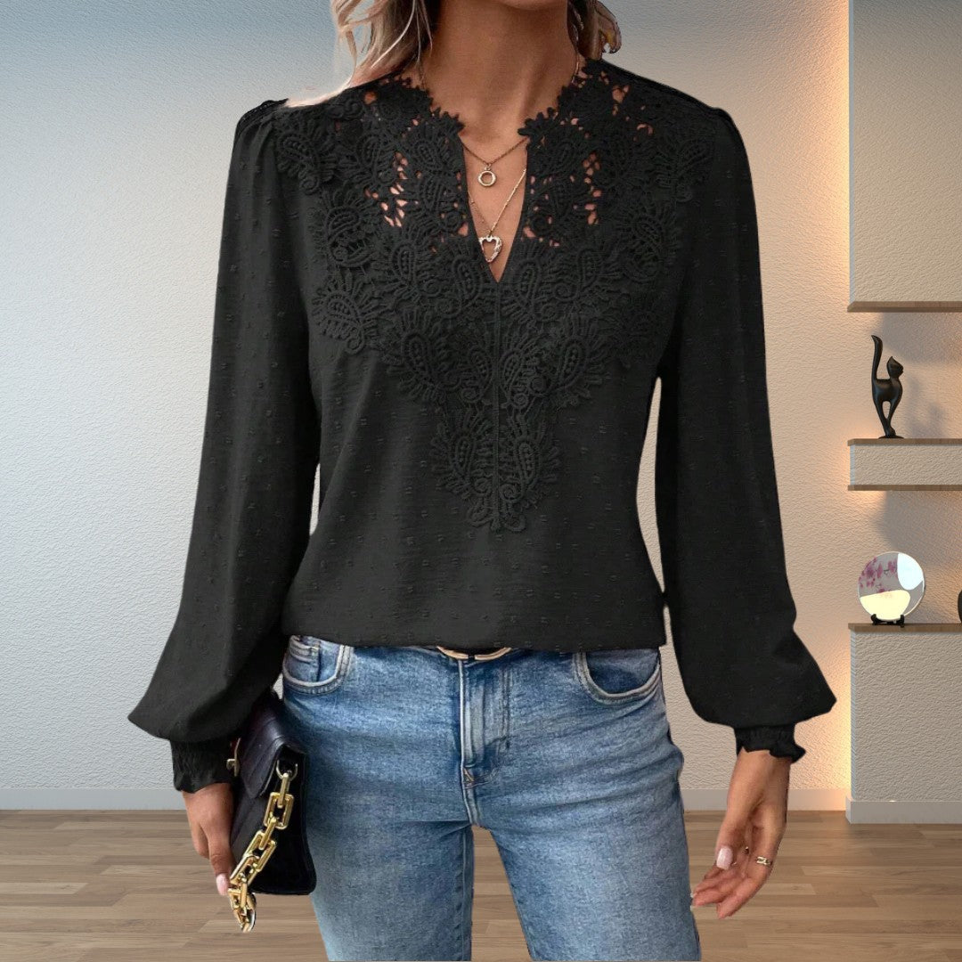 Black lace-trim swiss-dot blouse