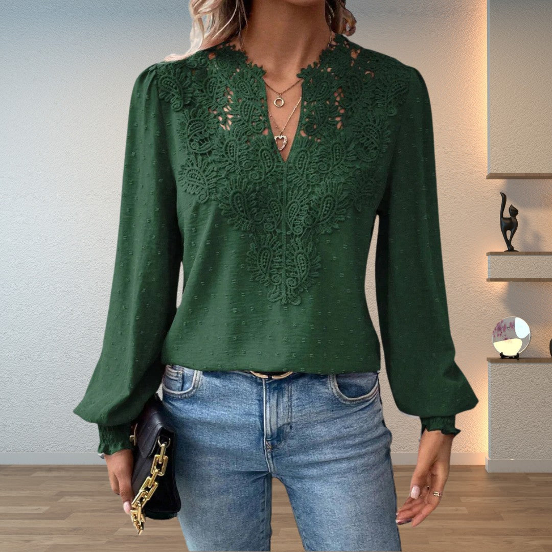 Green lace-trim swiss-dot blouse