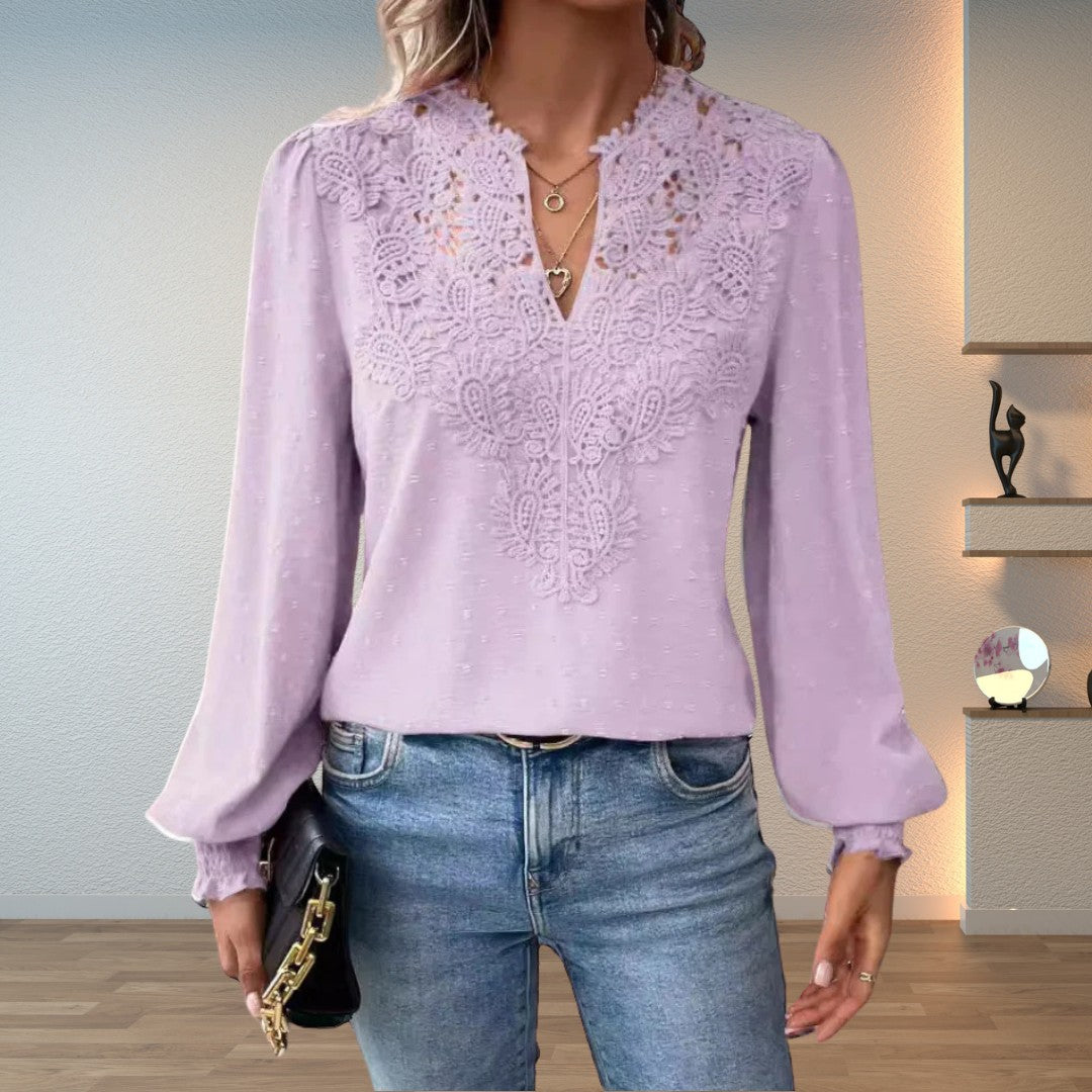 Lilla lace-trim swiss-dot blouse