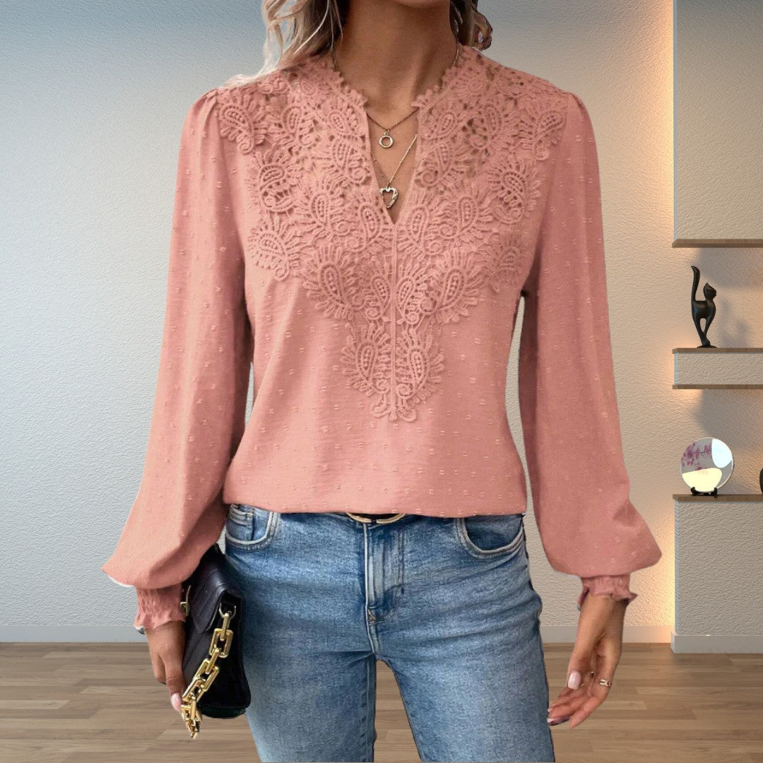 Peach lace-trim swiss-dot blouse