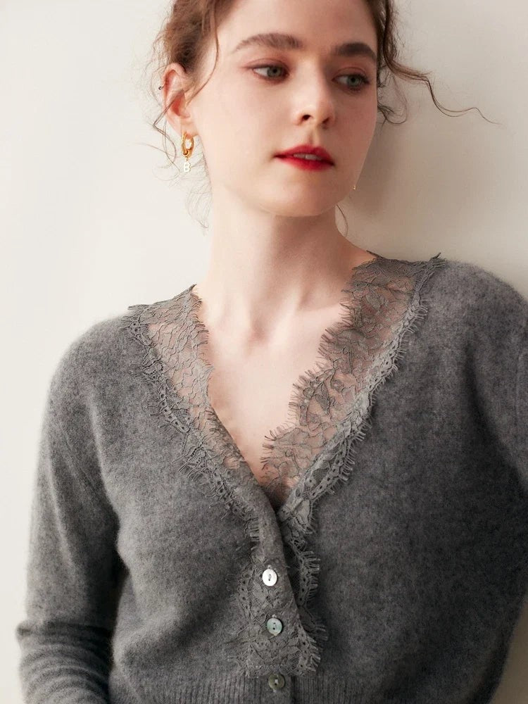 Lace-trim v-neck cardigan