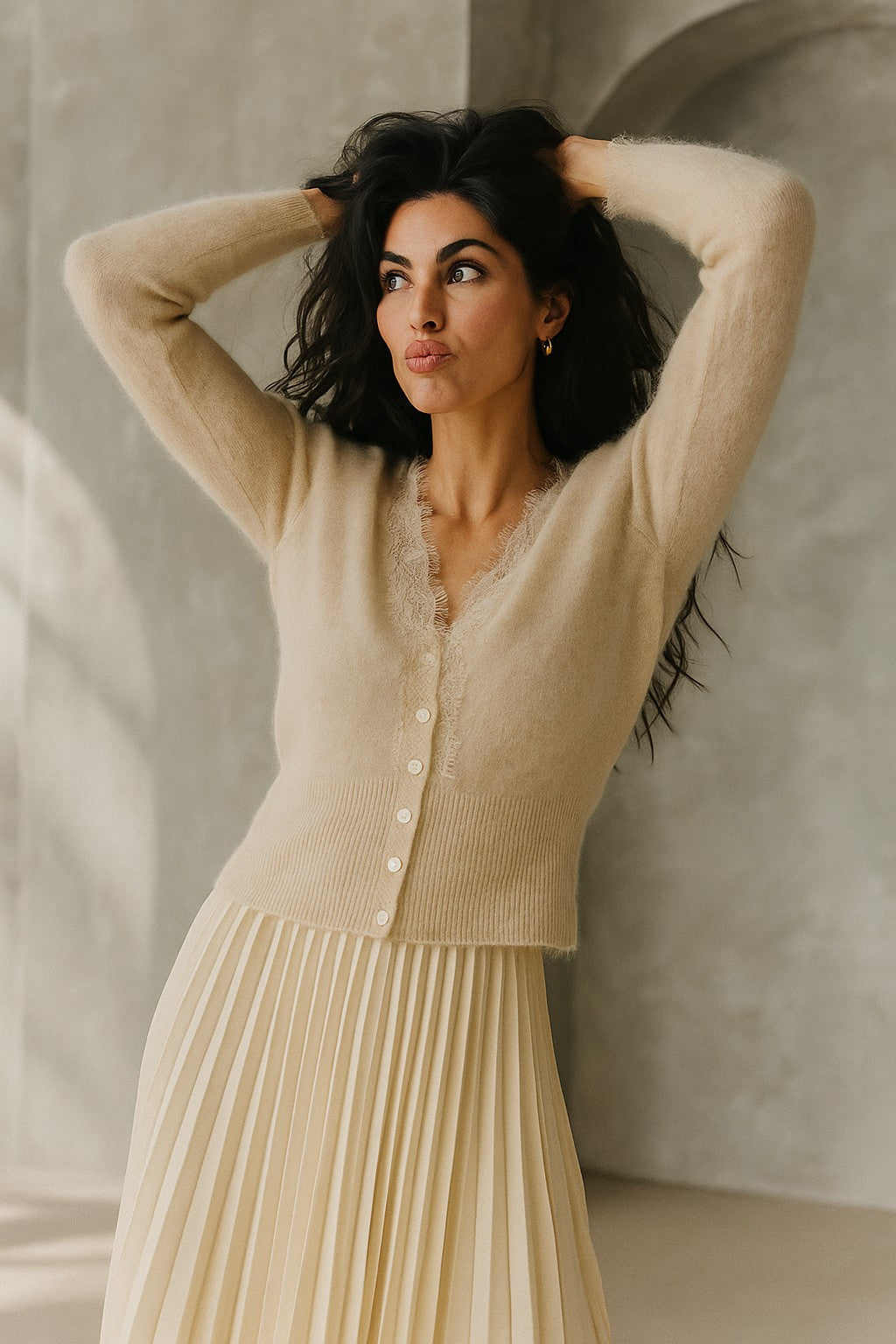 Khaki lace-trim v-neck cardigan
