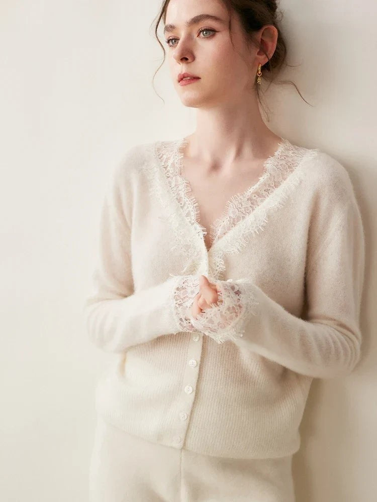 Lace-trim v-neck cardigan