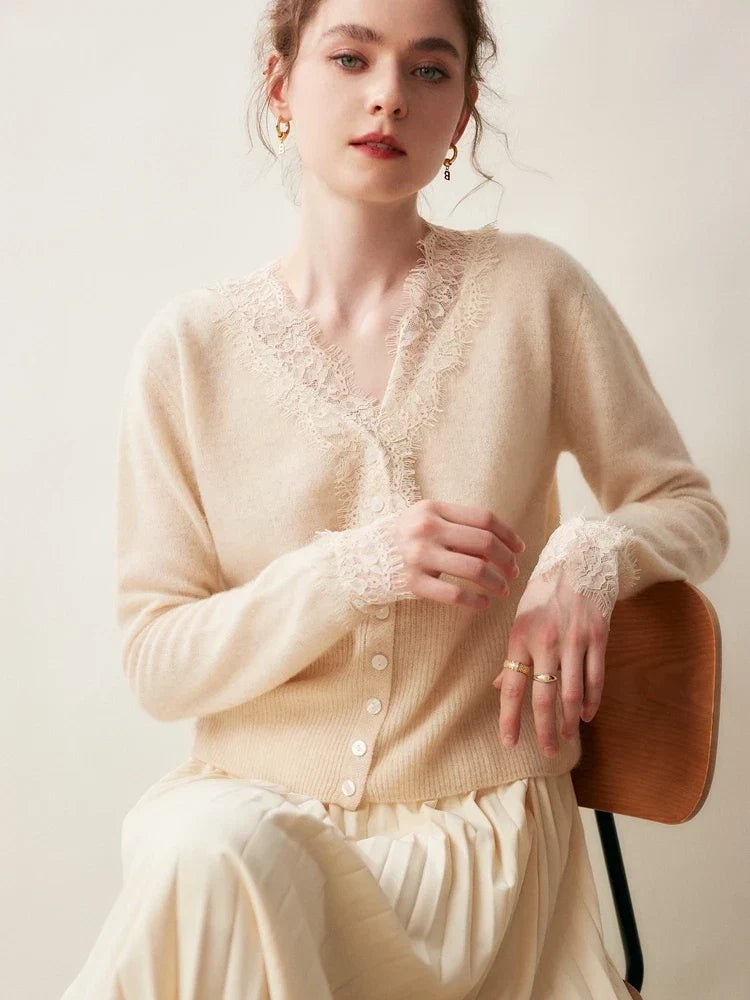 Lace-trim v-neck cardigan