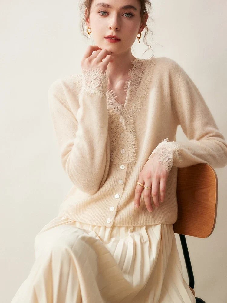 Lace-trim v-neck cardigan