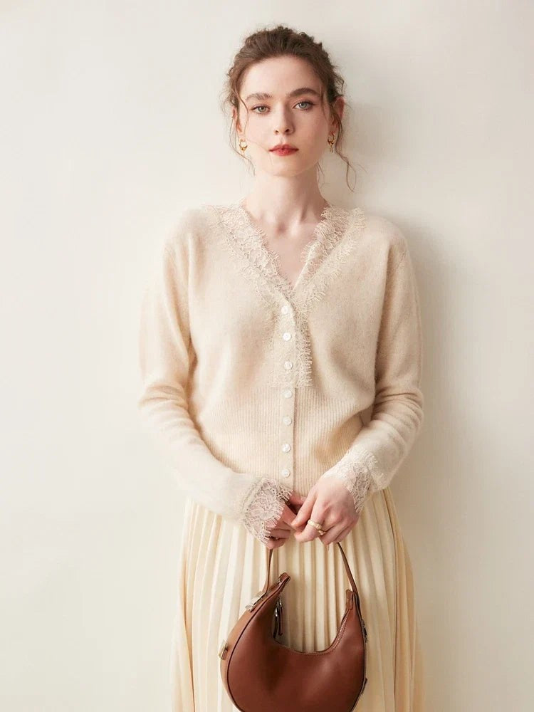 Lace-trim v-neck cardigan