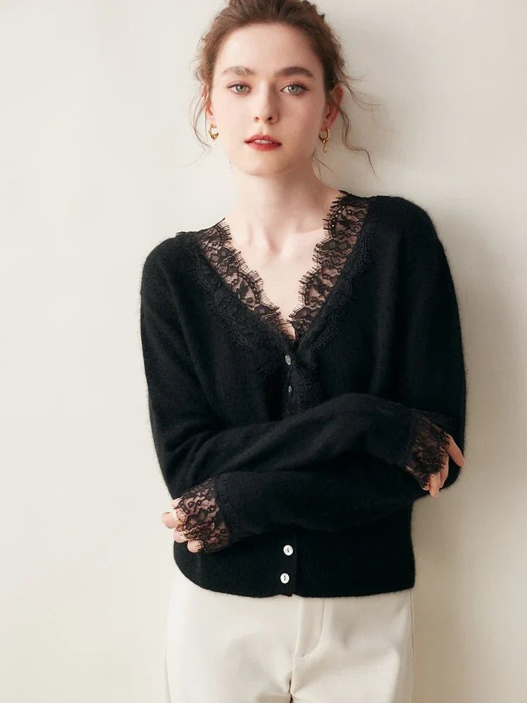 Lace-trim v-neck cardigan