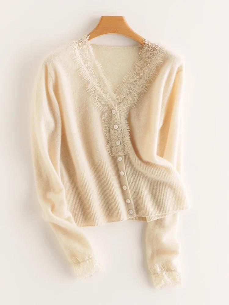 Lace-trim v-neck cardigan