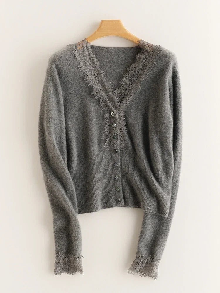 Lace-trim v-neck cardigan