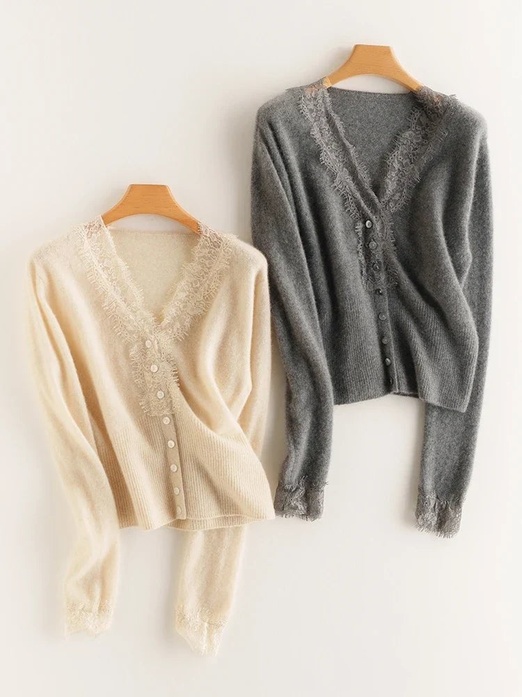 Lace-trim v-neck cardigan