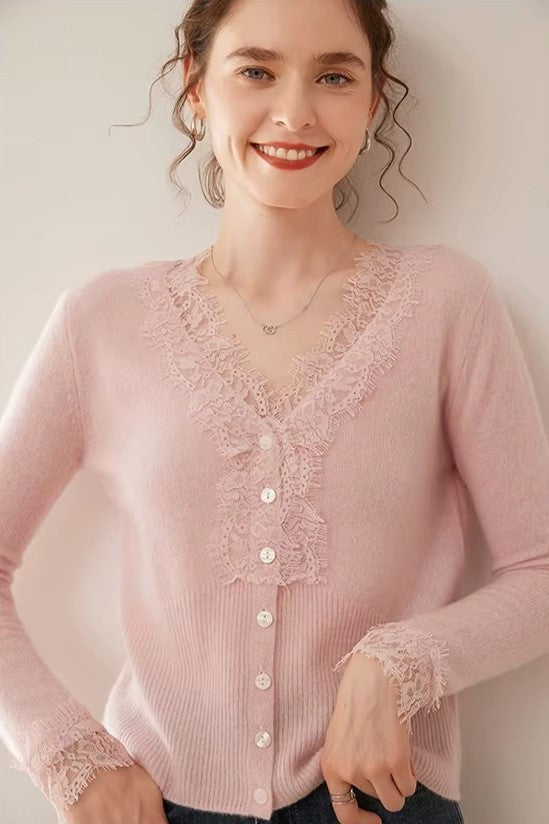 Lace-trim v-neck cardigan