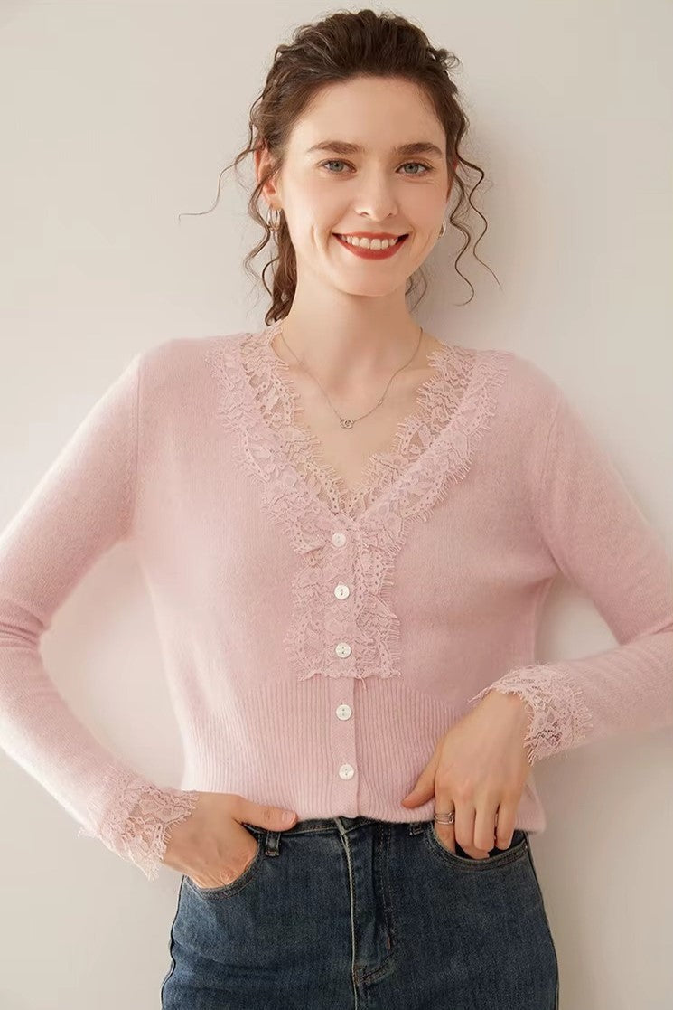 Lace-trim v-neck cardigan