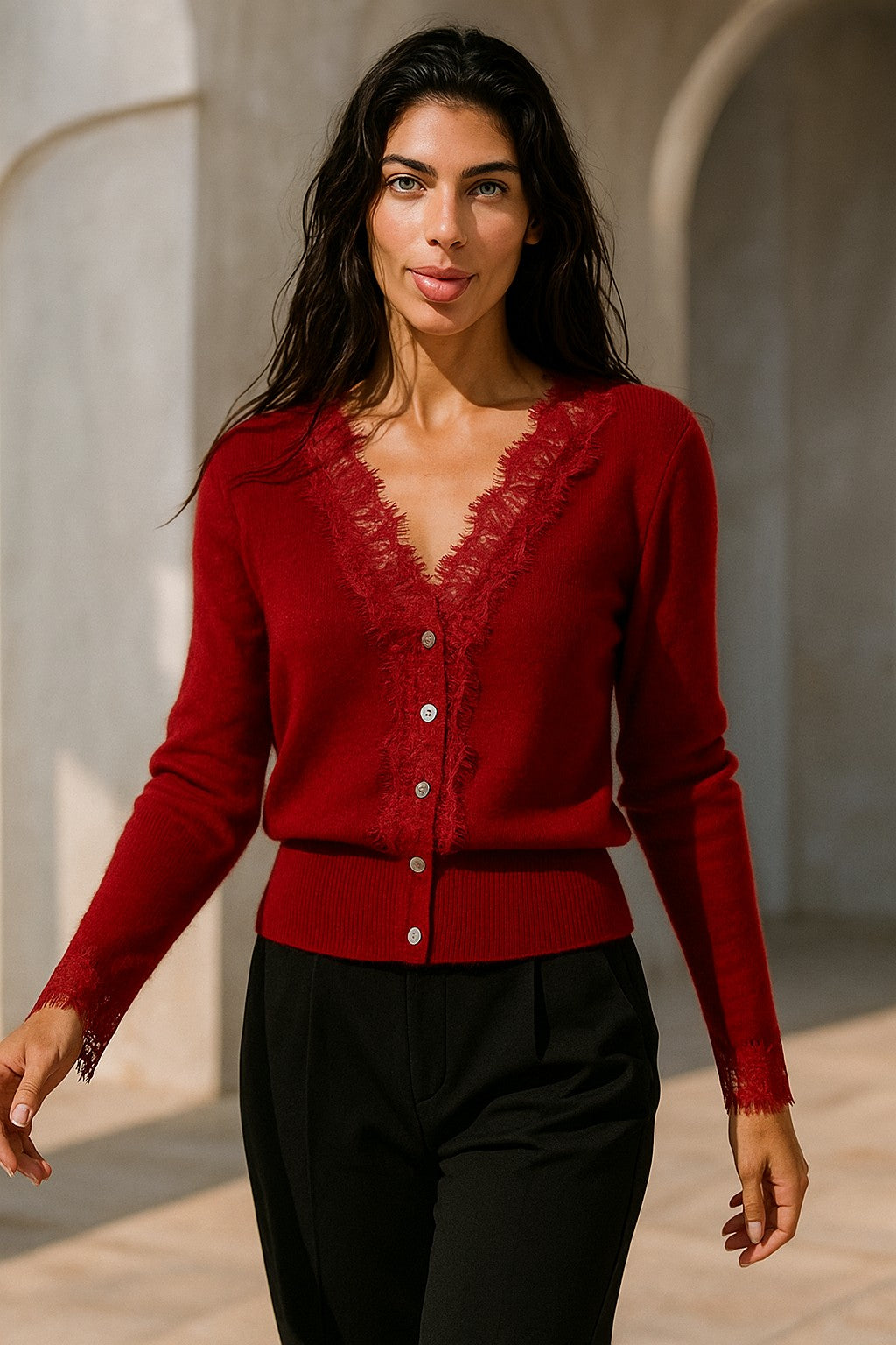 Lace-trim v-neck cardigan