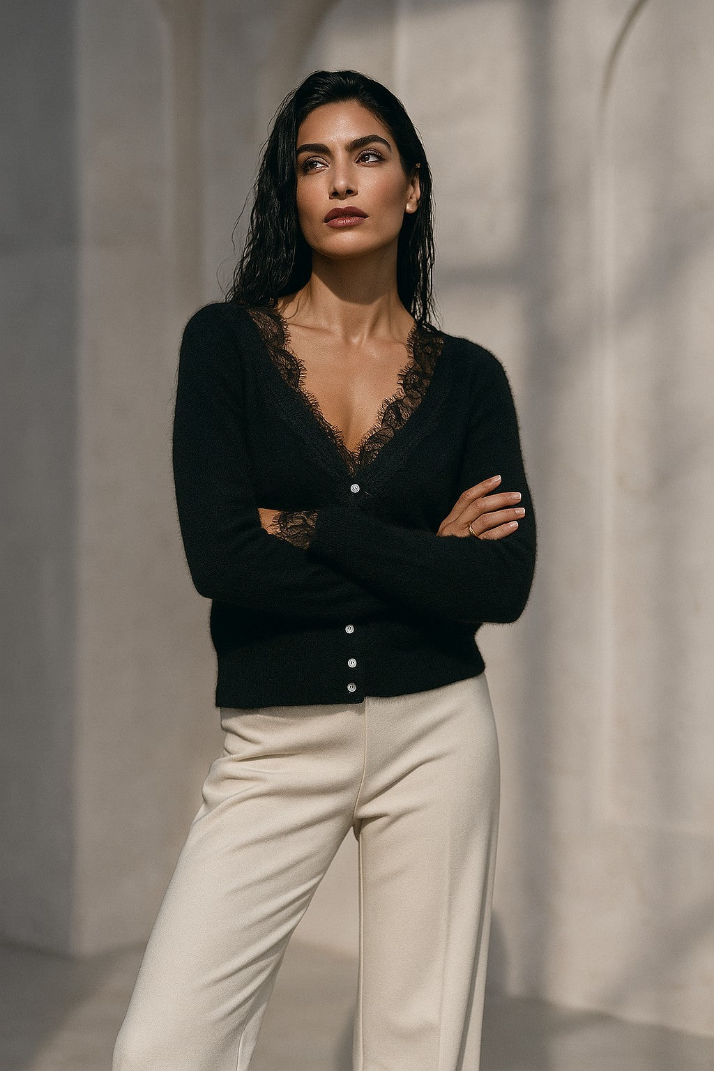 Lace-trim v-neck cardigan