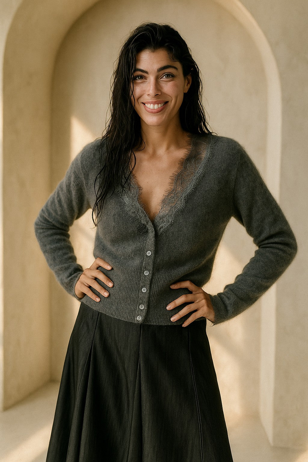 Lace-trim v-neck cardigan