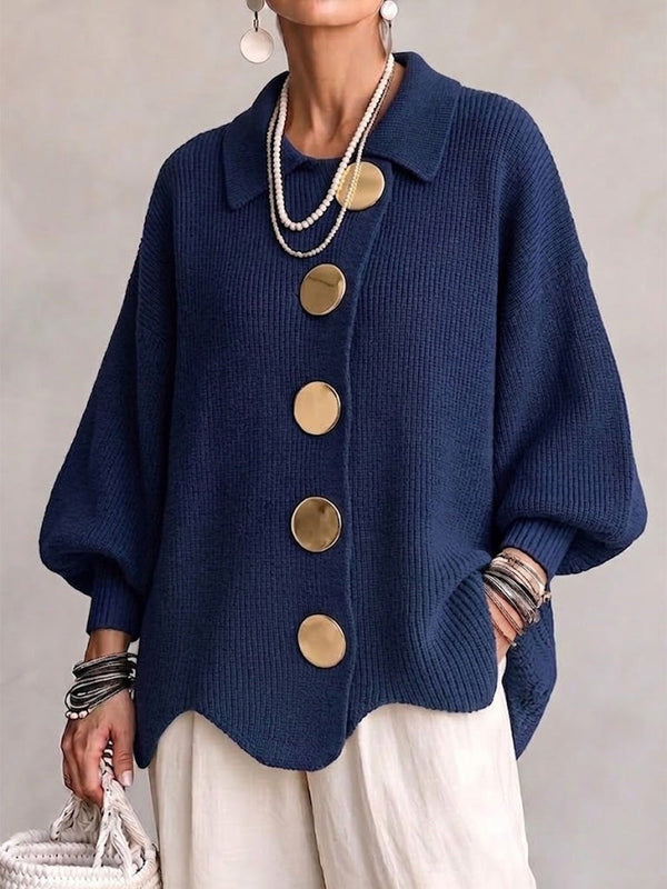 Lantern-sleeve gold-button cardigan